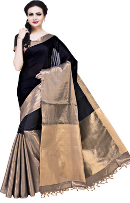 

Ishin Printed Fashion Cotton Saree(Black), Black & golden