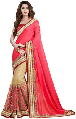 

Saara Embroidered Fashion Net Saree(Red, Beige), Light red and beige