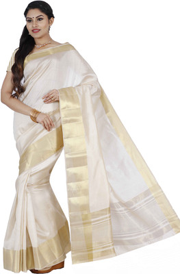 Rightshape Solid/Plain Mysore Handloom Tussar Silk Saree(White)