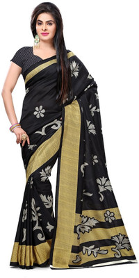 

Urban Vastra Floral Print Fashion Raw Silk Saree(Black)