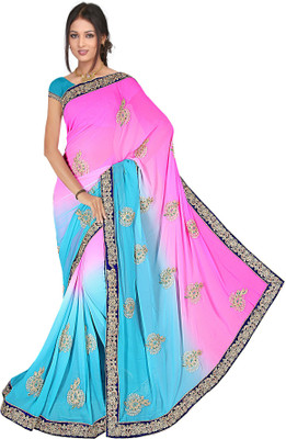 

Shree Rajlaxmi Sarees Embroidered Fashion Georgette Saree(Pink, Light Blue), Light blue;pink