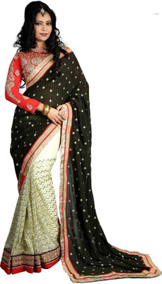 

Party Wear Dresses Embroidered Fashion Georgette Saree(Black, White)