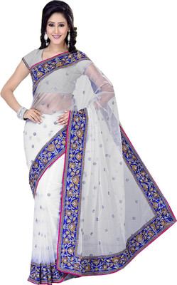 

Ishin Embroidered Fashion Net Saree(White, Off white