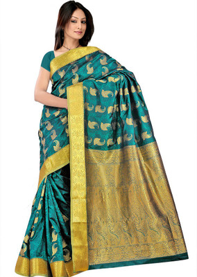 

Parisha Printed Daily Wear Art Silk Saree(Green, Yellow), Sea green & gold