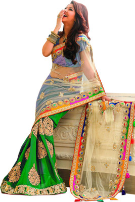 

Shivanifashion Embroidered Bollywood Handloom Net Saree(Green, White)