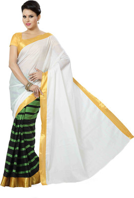 

Ishin Solid Fashion Cotton Saree(White), White & green