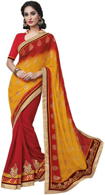

Desi Butik Embellished Fashion Georgette Saree(Red, Yellow)