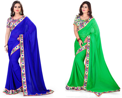 

Indianbeauty Solid, Printed Fashion Chiffon Saree(Pack of 2, Blue, Light Green)