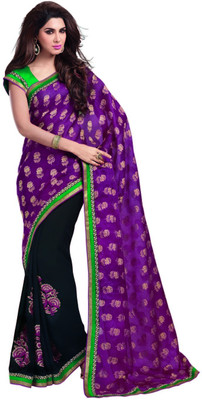 

Saara Printed Fashion Jacquard Saree(Purple, Black), Black;purple