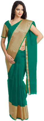 

Javuli Self Design Arani Pattu Handloom Silk Cotton Blend Saree(Dark Green, Gold)