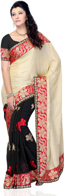 

JTInternational Self Design Fashion Jacquard, Georgette Saree(Beige, Black)