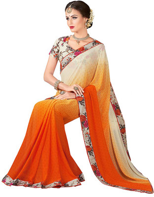 

Khoobee Self Design, Printed Fashion Georgette Saree(Beige, Orange)