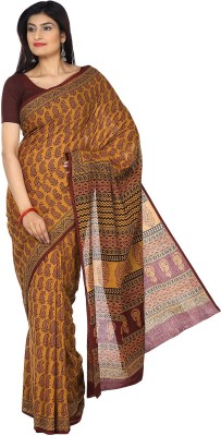 Kalakari India Printed Bollywood Handloom Cotton Blend Saree(Maroon, Black, Mustard)