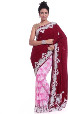 

Adaab Embroidered Fashion Velvet Saree(Maroon), Maroon;pink net;velvet