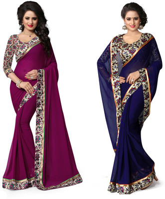 

Indianbeauty Self Design, Solid Fashion Chiffon Saree(Pack of 2, Blue, Purple)