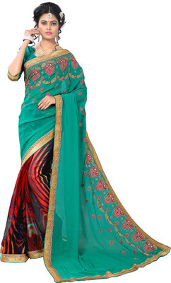 

Khoobee Self Design, Embroidered Fashion Georgette Saree(Green, Multicolor)