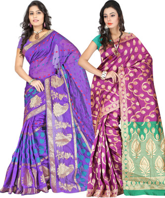 

It's Banii Woven Banarasi Handloom Banarasi Silk Saree(Pack of 2, Purple, Pink), Pink;purple