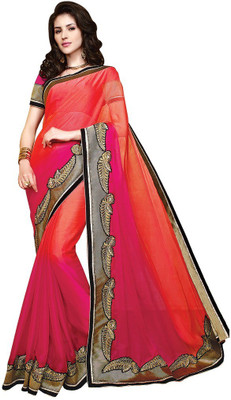 

Desi Butik Embroidered Fashion Chiffon Saree(Pink, Orange), Dark pink and dark orange