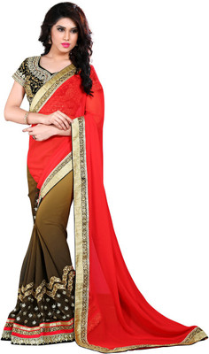 

Shoppershopee Embroidered Bollywood Georgette Saree(Red, Brown), Red and sheded brown