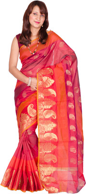 

Chandrakala Self Design Banarasi Cotton Saree(Red)