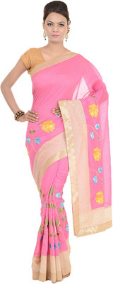 

Kdc Sarees Embroidered Banarasi Handloom Tussar Silk Saree(Pink), Light pink