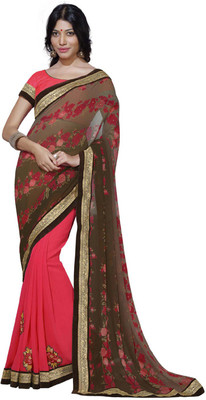 

Desi Butik Embroidered Fashion Georgette Saree(Brown, Pink)