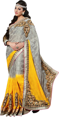 

Parisha Embroidered Fashion Jacquard Saree(Grey, Yellow)