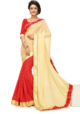 

Indianbeauty Self Design, Embroidered Fashion Jacquard, Georgette Saree(Beige, Red)