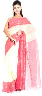 Purabi Woven Tant Handloom Cotton Saree(Red, White)