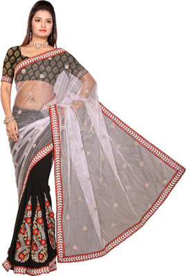 

Ishin Embroidered Fashion Net Saree(White), White & black
