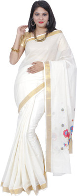 

Fashionkiosks Embroidered Fashion Handloom Cotton Saree(White), White gold