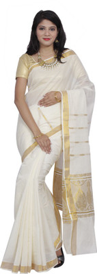 

Fashionkiosks Solid Kota Doria Handloom Cotton Saree(White), Cream gold