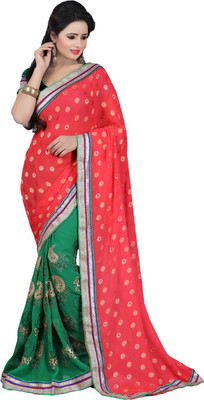 

Desi Butik Embroidered Fashion Jacquard, Art Silk Saree(Red, Green), Green;red