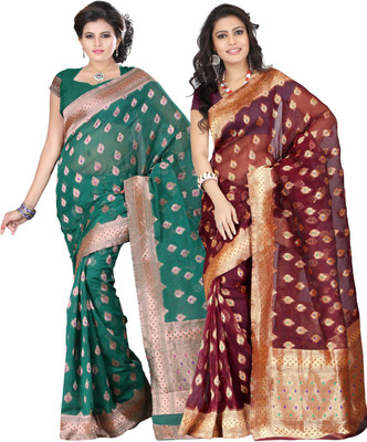 

It's Banii Woven Banarasi Handloom Banarasi Silk Saree(Pack of 2, Green, Maroon)