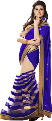 

Shivanifashion Striped Bollywood Handloom Georgette, Net Saree(White, Blue), Blue;white