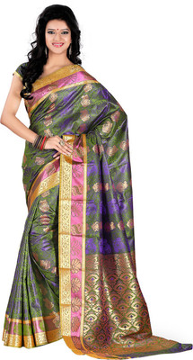 

Roopkala Silks Self Design Dharmavaram Art Silk Saree(Green), Mehandi green