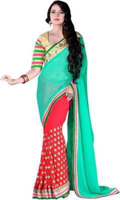 Khushali Self Design, Embroidered Fashion Georgette Saree(Green, Beige, Pink), Beige;green;pink