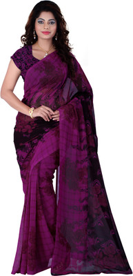 Jiya Self Design, Printed Fashion Georgette Saree(Purple, Black), Black;purple