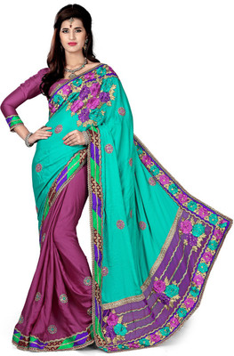 

Aasvaa Self Design Fashion Crepe Saree(Pink, Green), Pink and green