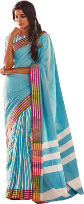 

Ishin Solid Fashion Cotton Saree(Blue), Blue & white