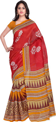 

Ajamukhi Printed Bhagalpuri Raw Silk Saree(Red)