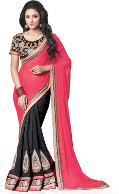 Saara Self Design Fashion Chiffon Saree(Black, Pink)