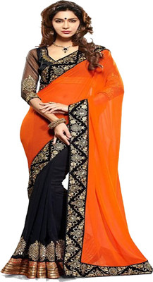 

Sanju Sarees Self Design Fashion Georgette Saree(Orange, Black), Black;orange