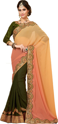 

Khushali Self Design, Embroidered, Embellished Fashion Georgette Saree(Green, Beige, Pink), Beige;green;pink