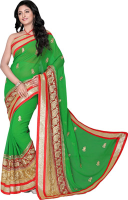 

Khoobee Self Design, Embroidered, Embellished Fashion Georgette Saree(Green, Red, Beige), Beige;green;red