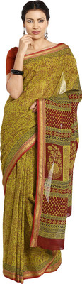Kalakari India Printed Bollywood Handloom Cotton Blend Saree(Green, Maroon, Black)