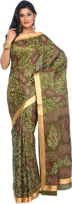 

Kataan Bazaar Printed Banarasi Handloom Tussar Silk Saree(Light Green), Mehndi