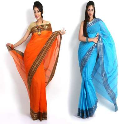 

Purabi Self Design Tant Handloom Cotton Saree(Pack of 2, Orange, Blue), Blue;orange