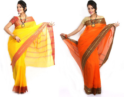 Purabi Woven Tant Handloom Cotton Saree(Pack of 2, Yellow, Orange), Orange;yellow