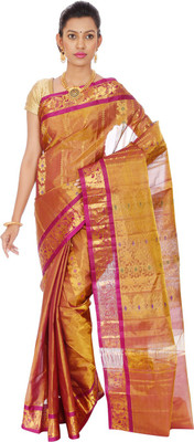 

Mahaveersilkcreations Woven Kanjivaram Handloom Pure Silk Saree(Pink), Pink indigo